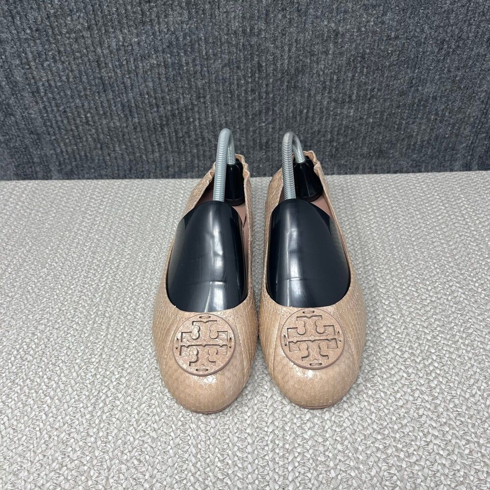 Tory Burch Minnie Travel Foldable Ballet Flats Tan Snakeskin Leather Logo 8.5 M - Picture 3 of 7